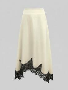 女士春夏优雅缎面撞色蕾丝边不对称半身裙，光泽亮丽，简约时尚，适合休闲和约会穿着。 - 杏色 - 查看 2