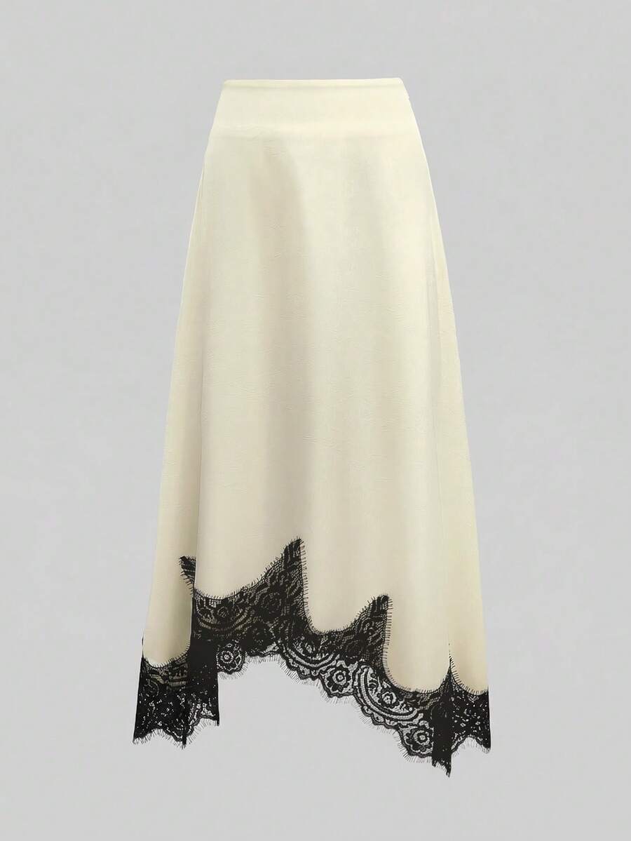 女士春夏优雅缎面撞色蕾丝边不对称半身裙，光泽亮丽，简约时尚，适合休闲和约会穿着。 - 杏色 - 查看 1