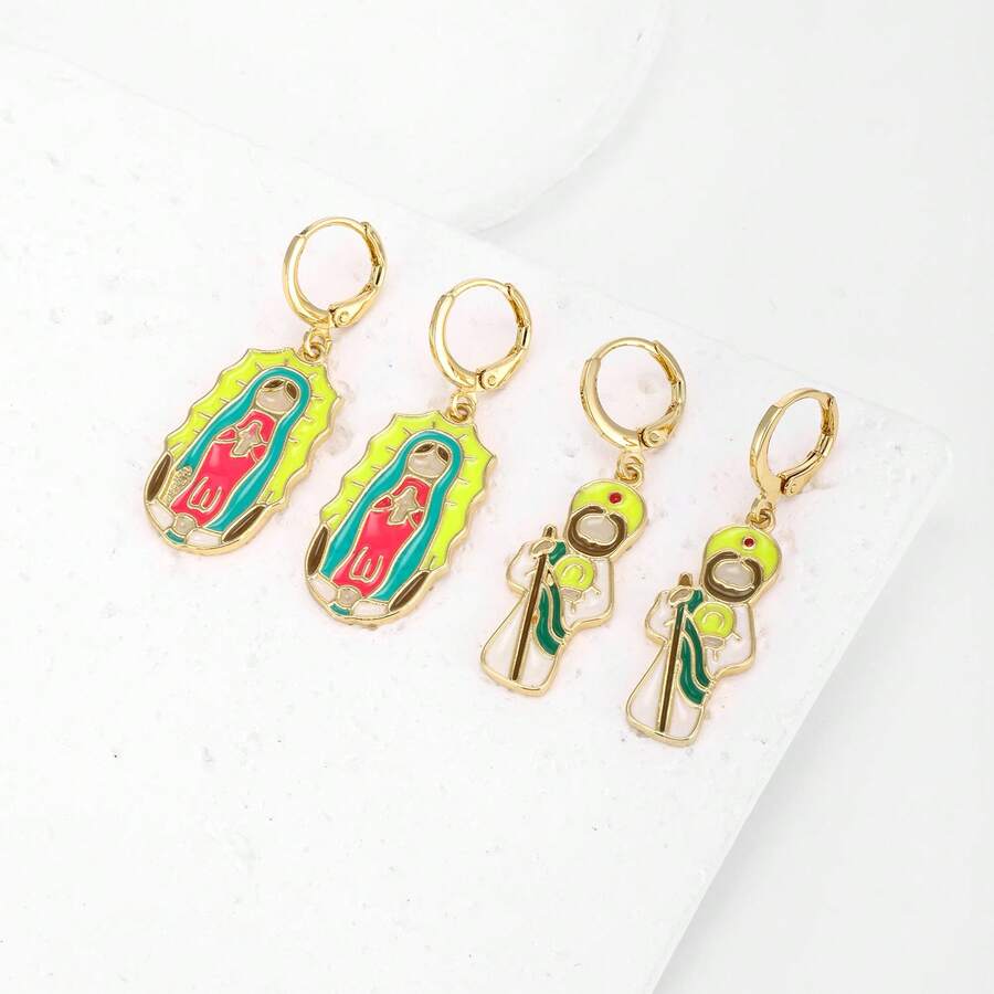 一对18K镀金铜质圣母玛利亚天使吊坠耳环，奢华简约小众珠宝设计 - 金色 - 查看 1