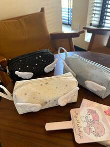 1个18cm*8cm*7cm尼龙手提包，水钻星星设计，羽毛装饰化妆品收纳包，新款ins风少女大容量化妆包，便携式文具袋，适合学生、中小学生，可装化妆品和文具 - 單件 - 查看 3