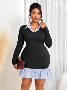 BIUBIU Robe tunique en tricot à manches longues et col contrasté avec ourlet à volants, longueur genou, robe de bureau pour femmes au printemps, grande taille - Kesé - Voir 6