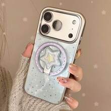 GUCADI 银边磁吸镀金蓝星+蓝莓星磁吸手机壳，兼容苹果，适用于 17pm、15 磁吸支架、16 Pro 镀金、14 清新蓝，时尚、独特、创意、简约、清新、小众、奢华、ins 风格。 - 銀色 - 查看 3