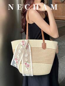 1pc French Countryside Style Straw Tote Bag, Large Capacity, Spring New Arrival - White - View 5