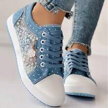 (Nhỏ hơn một cỡ) Giày thể thao nữ đế bằng lưới đa năng với mũi tròn và thiết kế buộc dây giản dị. - Màu xanh lam - Xem 11