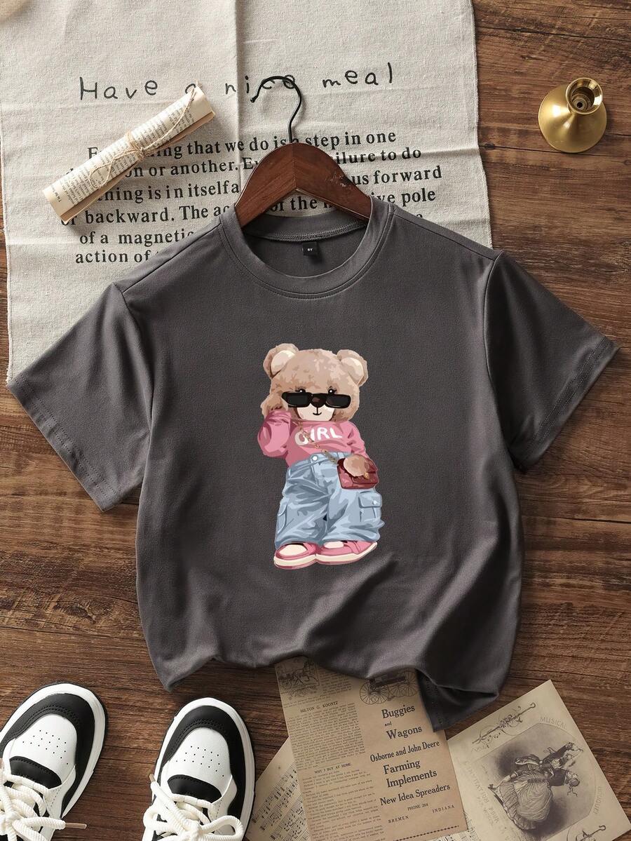 1 Pack Girls Casual Printed Crew Neck Short Sleeve T-Shirt Summer Student Youth Clothing - 深灰色 - 查看 1