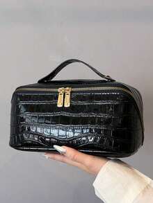 High-End Women's Portable Makeup Bag, Large Capacity Travel Toiletry Cosmetic Organizer - Black - View 3