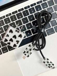 5 piezas Cubierta de cargador con patrón de corazón y protector de cable de datos en espiral compatible con cargador Apple - Negro - Ver 4