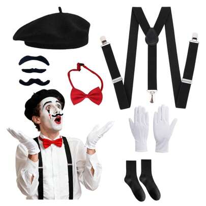 Bộ phụ kiện trang phục diễn viên kịch câm Pháp 8 món | Phù hợp cho cả nam và nữ, bao gồm mũ nồi đen, tất, găng tay, dây đeo quần, cà vạt, râu giả, thích hợp cho lễ hội hóa trang, tiệc nhập vai.