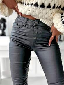 women PU leather pants，女彈力加絨pu褲 牛仔褲 women Fleece Lined Faux Leather Pants Boyfriend Fleece Leather Pants, Button and Zipper Design Winter Warm PU Leather Skinny Pants Comfort Leather Trousers with Stretch Sather Fit Warm Faux Leather - 無拉鍊 灰色 - 查看 4