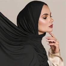 1pc Solid Color Maxi Jersey Hijab - Black - View 2