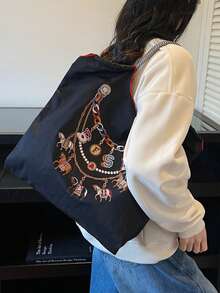 Embroidered Drawstring Bag, Vintage Letter Design, Student/Commuter Backpack - Black - View 3