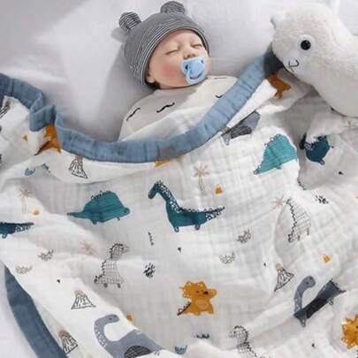 cobijasManta para Bebé con 6 Capas De Muselina para Recién Nacido. Suave Absorbente Toalla De Baño 110 * 110 Cm Envoltura De Estampado De Dinosaurios Azules Adecuada para Bebés De 0-8 Años.