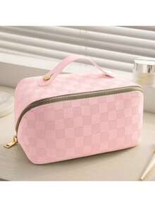 1pc Large Capacity Portable INS New Checkerboard Makeup Bag, Pencil Case, Stationery Box, Convenient Travel Tote - Single Piece - View 16