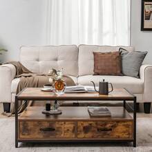COSTWAY Industrial Coffee Table With Storage, Living Room Rectangular Center Cocktail Table W/ 2 Drawers & Open Shelf, Accent Sofa Console Table W/ Sturdy Metal Frame & Wooden Top, Rustic Brown - Brown - View 4