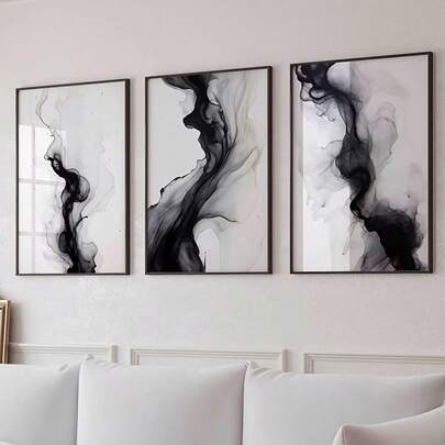 3件套现代简约黑白抽象帆布墙画 - 无框涤纶印刷品，适用于客厅装饰，是送给父母的完美礼物，也是房间装饰的理想之选。