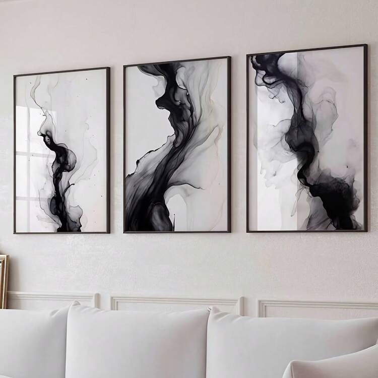 3件套现代简约黑白抽象帆布墙画 - 无框涤纶印刷品，适用于客厅装饰，是送给父母的完美礼物，也是房间装饰的理想之选。 - A - 查看 1
