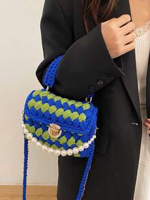 1pc Handmade Woven Punk Style Black & White Plaid Shoulder Bag, Chain Crossbody Bag, Versatile Artistic Handbag, Detachable Chain, Large Capacity Square Bag, Suitable Gift For Girlfriend Or Best Friend - Multicolor - View 5