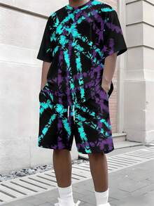 Two-Piece, Distinctive Geometric, Knitted Fabric, Crisp Lines, Men's Poolside Relaxation, Summer Island Getaways, Black Background With Purple-Teal Radial Pattern, Men's Short-Sleeve Beach Pants Set - Nhiều màu - Xem 4