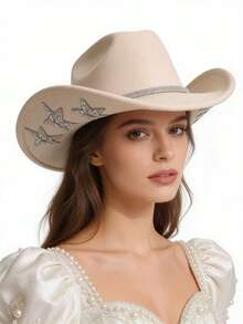 1pc Luxury Rhinestone Star Western Cowboy Hat, Bridal Wedding Photo Shoot Party Fashion Headwear - Multicolor - View 3