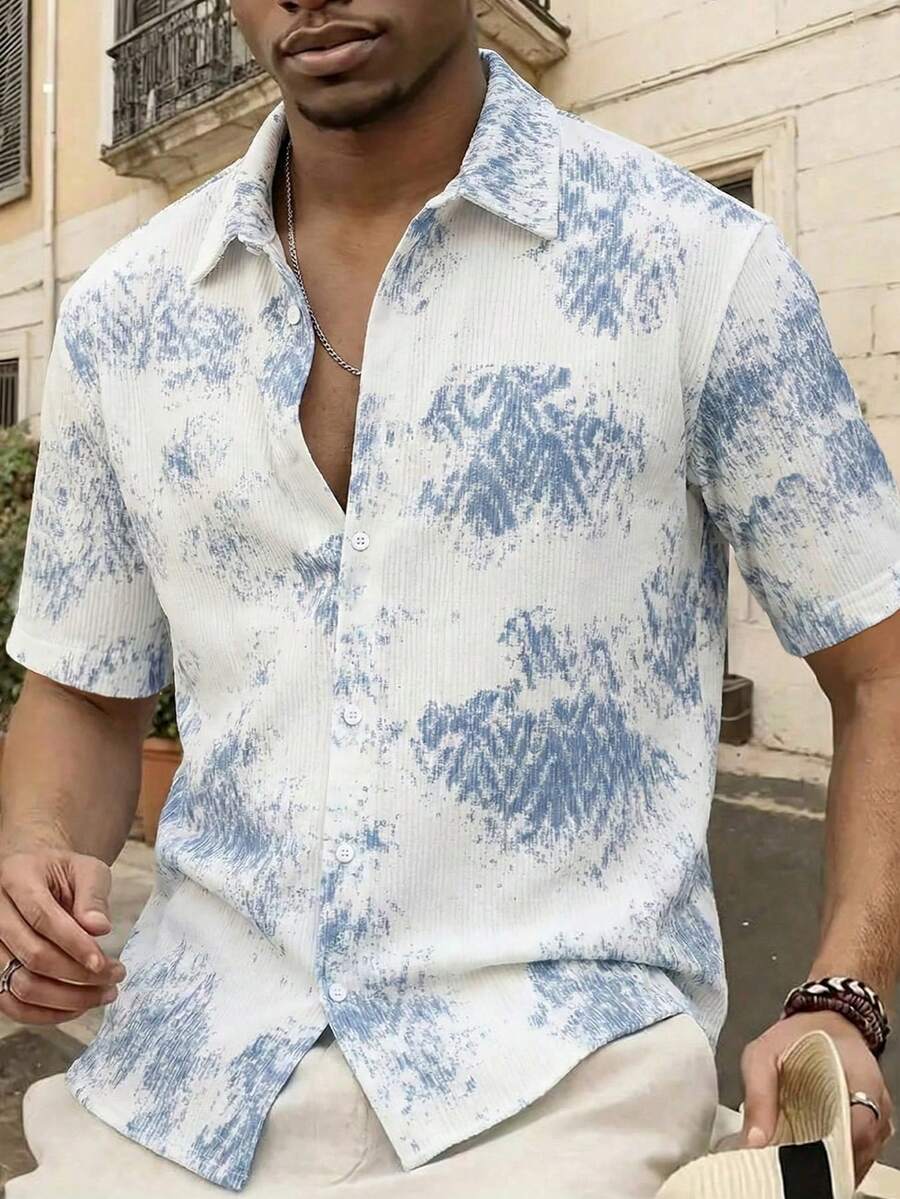 男士蓝色罗纹短袖衬衫，休闲衬衫，纽扣开襟，度假风，柔软舒适，白蓝扎染宽松度假衬衫，休闲度假风，夏季休闲外出，海滩度假必备 - 藍色 - 查看 1