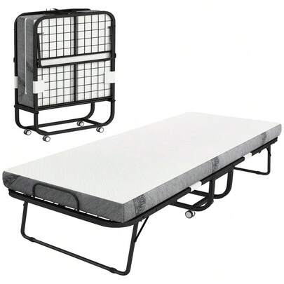 Folding Guest Bed, Travel Bed With Wheels, Mattress, Steel, White And Black
