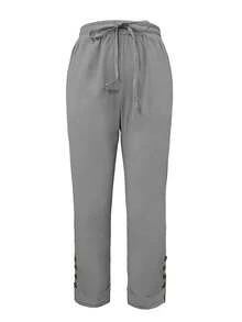 Pantalones rectos de mujer de poliéster, con cintura con cordón y decoración de botones, para primavera - Gris - Ver 2
