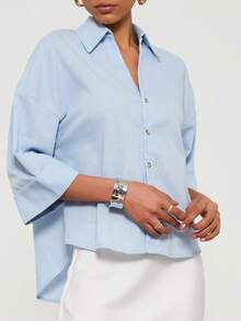 女士休闲宽松翻领衬衫，春夏款 - 淺藍色 - 查看 7