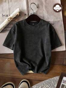 Oversized Washed Gray Short Sleeve Tee, Loose Fit Vintage Streetwear Style, Basic Summer - màu đen - Xem 1