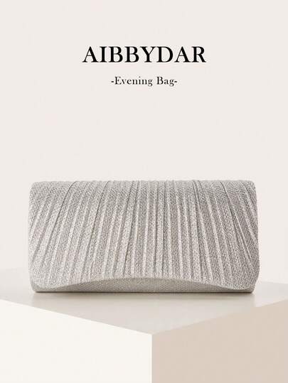 Women's Clutch Bag, Evening Bag, Envelope Bag, Flap Bag, Glitter Handbag, Pleated, Portable Cosmetic Bag, Detachable Shoulder Strap, Solid Color, Silver, Ball, Party, Wedding Season