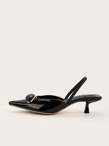 Women's 2025 New Fashion Metal Buckle Pointed Toe High Heel Pumps, Elegant Design,Kitten Heels - Black - View 2