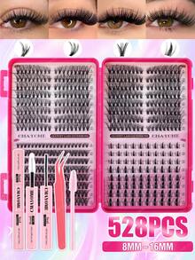 608/544/528片装DIY单根假睫毛，多款式假睫毛一盒，8-16毫米混合长度条状假睫毛，柔软持久，套装包含睫毛胶、定型液、刷子和镊子，适合日常、约会、派对和节日，易于佩戴。 - 粉色 - 查看 1
