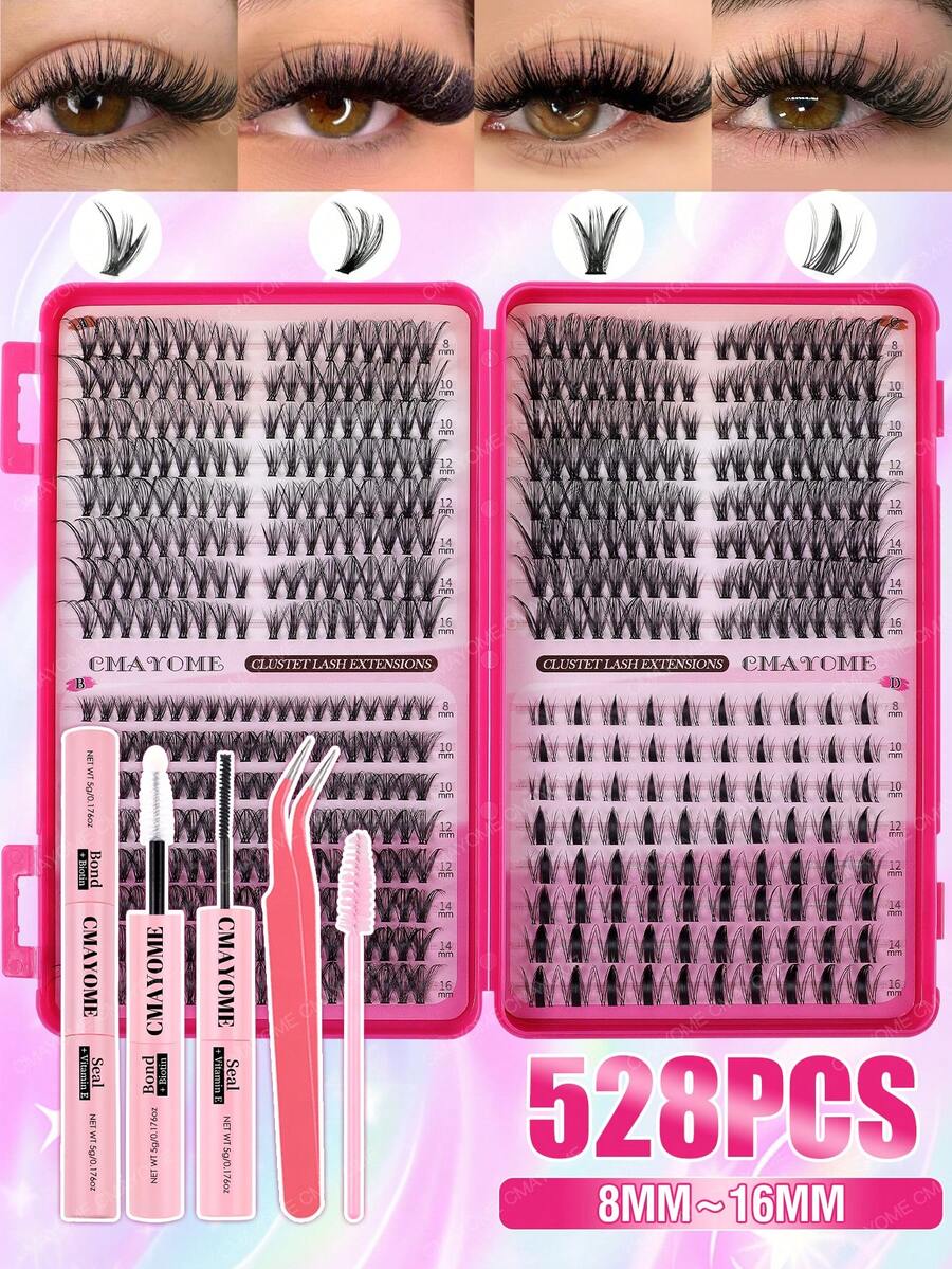 608/544/528片装DIY单根假睫毛，多款式假睫毛一盒，8-16毫米混合长度条状假睫毛，柔软持久，套装包含睫毛胶、定型液、刷子和镊子，适合日常、约会、派对和节日，易于佩戴。 - 粉色 - 查看 1