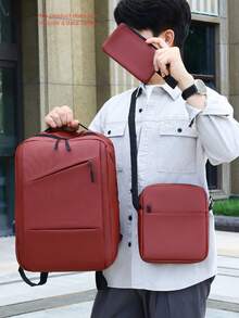 New Minimalist Business Backpack Set, Large Capacity PU Leather 3 PiecesMultifunctional Practical Schoolbag - Multicolor - View 3