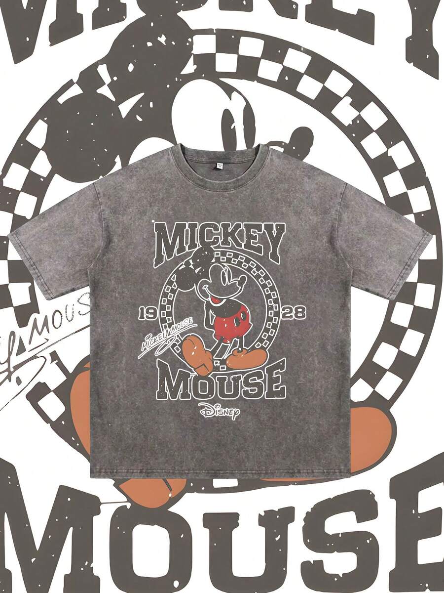 Disney, Disney Mickey Mouse ; T-shirt d'été à manches courtes pour homme, effet vieilli, coupe unique, pur coton, confortable et respirant, style streetwear décontracté, col rond ; une marque de mode de haute qualité, un cadeau surprise idéal pour la famille et les amis. - Gris - Voir 1