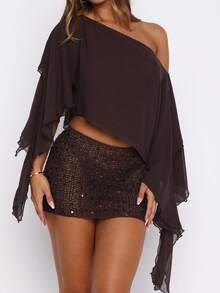 Women's Ruched Cape One Shoulder Poncho Double Layer Shrug See Through Flowy  Asymmetrical Neck Fitted Crop Top - Chocolate Brown - View 6