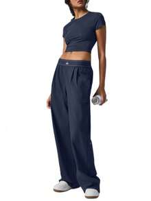 Alo Yoga Women's Suit Up Trouser | Premium High-Waist Relaxed Straight-Leg Pants | Luxury Soft Stretch Performance Trousers | Wide-Leg Athletic Leisure Slacks | Celebrity Style Urban Workout Apparel | Breathable Lightweight Formal-To-Gym Pants - Royal Blue - View 2