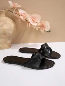 Women's Fashion Foldable Soft Leather Flat Pleated Slide Sandals, Versatile Slip-On Flat Square Toe Summer Sandals - Black - View 5