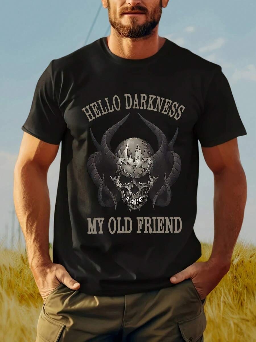 Camiseta Gráfica de Calavera 'Hello Darkness' para Hombre - Camiseta Casual de Algodón Negra con Mangas Cortas. Cuello Redondo - para Salidas de Verano; Deportes - Negro - Ver 1