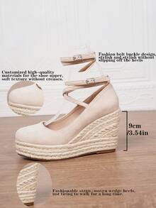 女士仿皮坡跟凉鞋，夏季度假款，方头套脚式，3.15英寸鞋跟，舒适编织镂空鞋，尺码34-43 - 杏色 - 查看 4