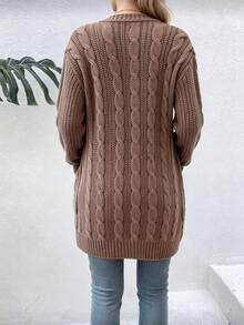 Cardigan de Punto para Mujer, Color Camel, Diseño de Tramas de Cable, Abrigo de Punto Ligero para Primavera y Otoño - Camel - Ver 2