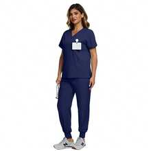 Uniform Set, Surgical Gown, Women's Surgical Outfit, Nurse & Beauty Salon Workwear, Clinical Surgical Suit Top And Pants Set, Women's Uniform, Elegant Short Sleeve V-Neck Nurse Top And Waist-Cinching Pants Set Spring - Màu xanh hải quân - Xem 7