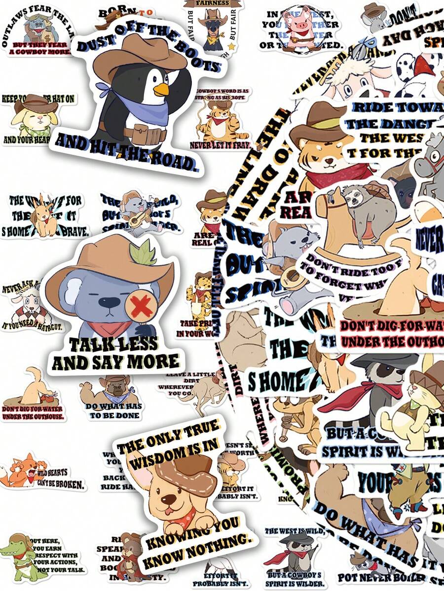 50pcs Wild West Cowboy Stickers Western Animal Vibes For Journal, Phone Case, Tablet, Water Bottle, Helmet, Bike, Luggage, Durable Waterproof Decals - Multicolor - View 1