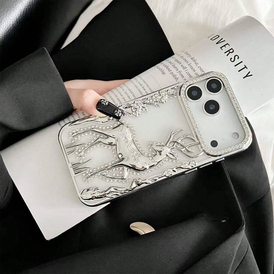 1pc Fashionable Electroplated 3D Rhinestone Deer Design Shockproof Phone Case Compatible With Apple 17 Pro Max, 16, 15, 14, 13, 12, 11 Series - Silver - View 1