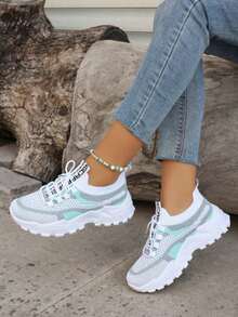 Women Summer Breathable Mesh Shoes, Low-Cut Colorblock Casual Shoes, Comfortable Sports Running Shoes - màu xanh lá - Xem 4