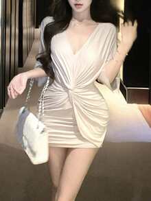 V-Neck Dress For Women, Summer Design Niche Pleated Twist Waist Fitted Bodycon Mini Skirt - Khaki - View 4