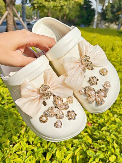 12pcs/Set Dollar Sign Bow Tie DIY Shoe Decorations, Large Pearl Butterfly Shoe Flowers, Detachable Accessories For Sandals, Beach Shoes, Garden Shoes, Etc.