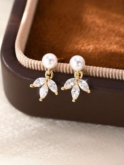 一对复古S925纯银锆石珍珠吊坠耳环，精致女士日常旅行珠宝配饰，友谊纪念生日礼物