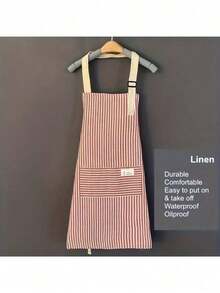 1pc Linen Waterproof Apron, Blue Gray Brown White Striped Apron, Adult Kitchen Apron, Breathable Fashion Waterproof Apron, Kitchen Supplies - View 7