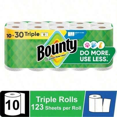 Bounty Paper Towels Select-A-Size White, For Long-Lasting Household Value. These Highly Absorbent & Durable Towels Feature Quick-Soaking Power For Kitchen Spills, Counter Cleaning & Pet Messes,1 Triple Rolls With 123 Sheets Per Roll . The Embossed Texture Delivers Superior Scrubbing Strength While Remaining Gentle On Delicate Surfaces. Ideal For Large Families, High-Traffic Kitchens & Busy Households Needing Reliable Performance With Minimal Lint For All Your Cleaning Tasks.