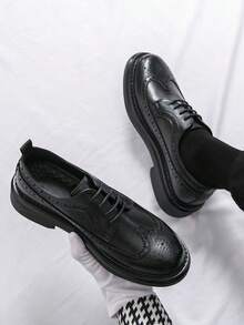 男士休闲复古系带正装鞋，透气布洛克风格婚礼及办公乐福鞋 - 黑色 - 查看 4